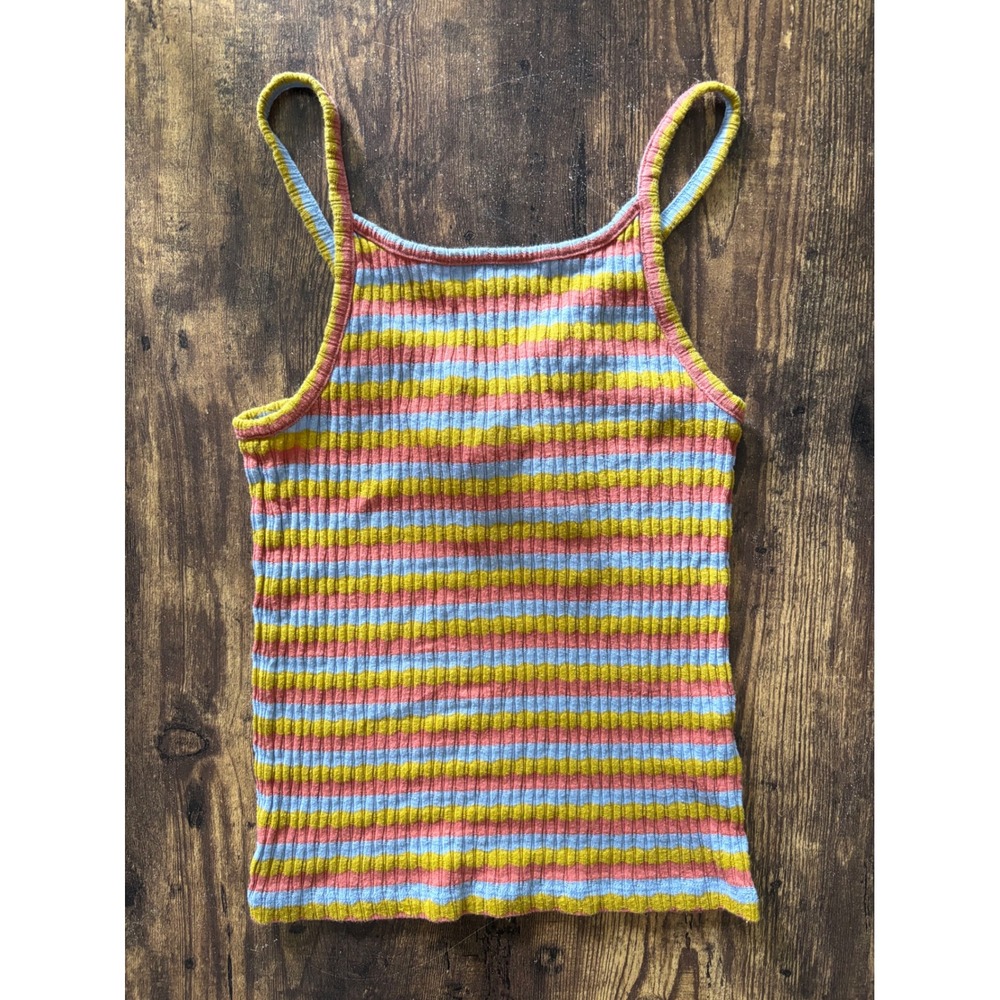 Madewell Striped Ribbed Knit Tie Back Tank Top XS Blue Yellow Pink Camisole
